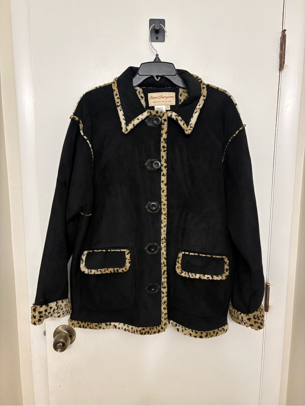 Vtg Norm Thompson Faux Suede Leather Leopard Fur Trim Coat Jacket Black Plus 1X